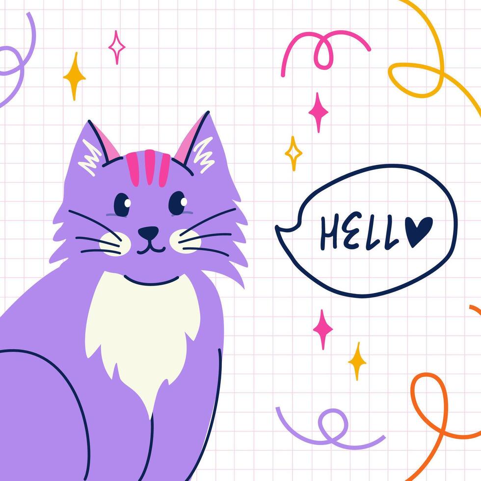 Cute purple cat in y2k style. Happy speech bubble hand drawn lettering. Stylish design for postcard, posters, cover and social media. Vector isolated illustration