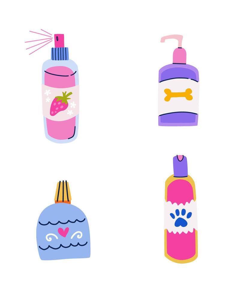Pet care products vector set. Shampoo, conditioner, scrub and cologne spray. Cosmetics for pet groomers in flat trendy colorful style. Dog washing supplies clipart isolated on white background