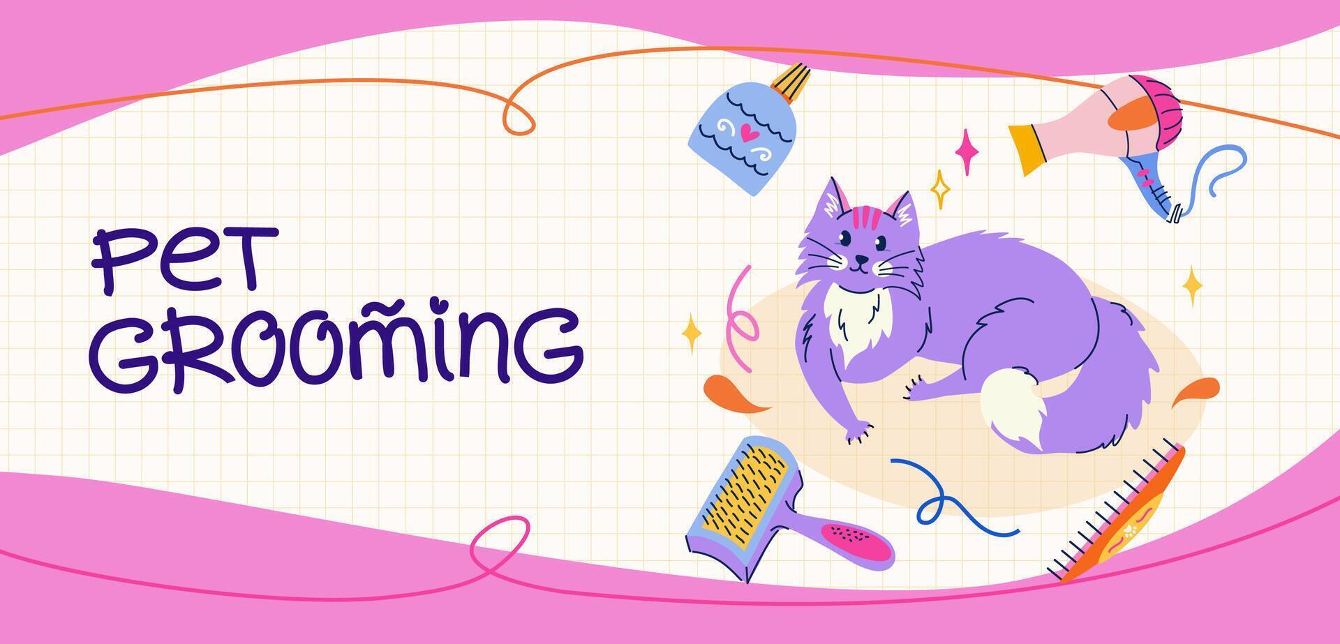 Pet grooming website banner design. Cute lying cat in flat trendy style. Equipment and cosmetics for grooming. Vector template with handwritten typography