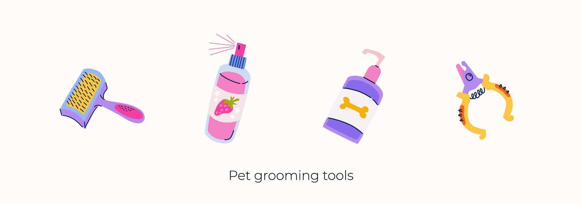 Vector cliparts set of pet grooming tools. Slicker brush, nail clippers, odor eliminator and undercoat conditioner. Equipment for professional groomers in flat trendy colorful style