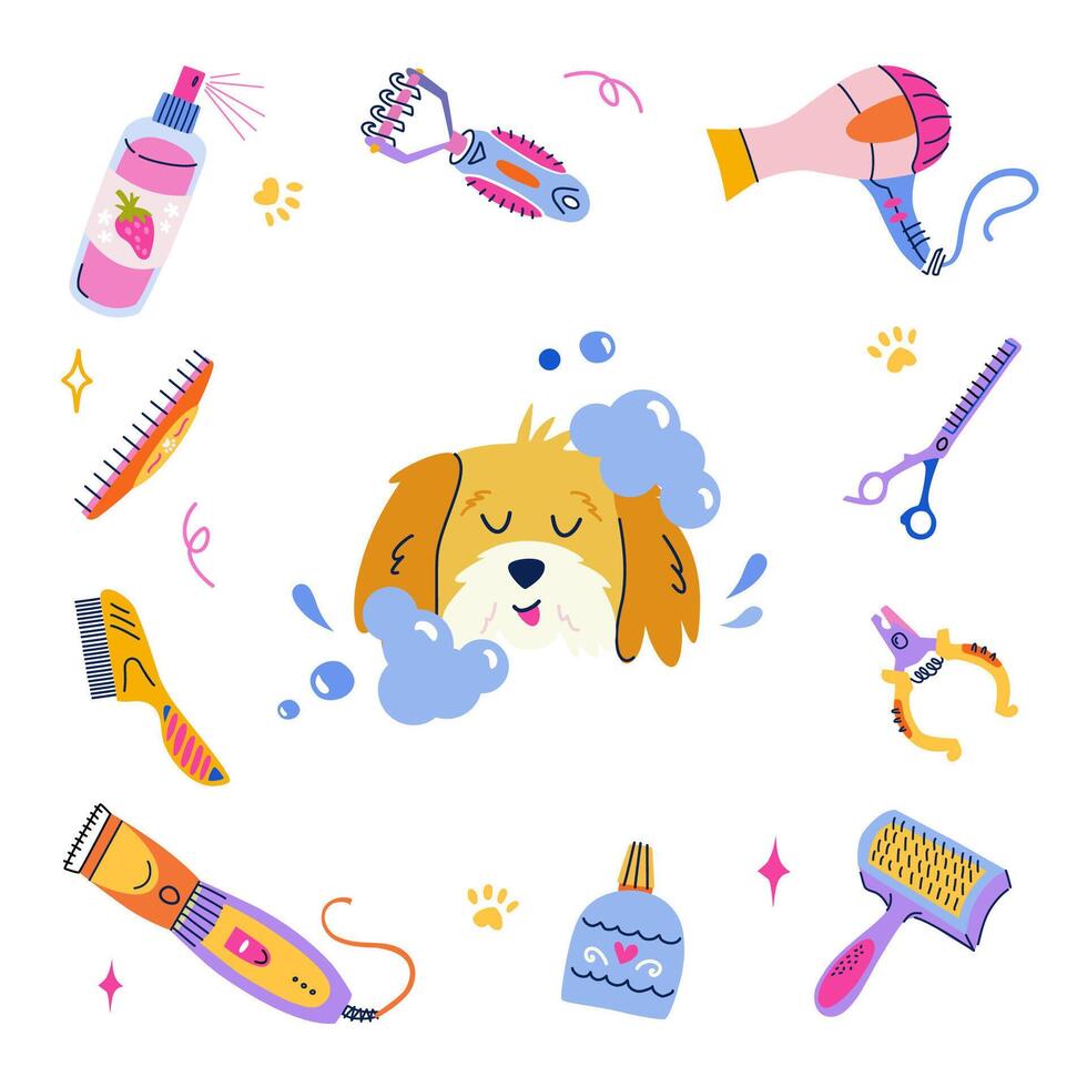 Pet grooming concept. Cute bathing dog in soapy foam. Set of equipment, tools and cosmetics for grooming. Flat cartoon vector frame for branding, banner, poster, postcard