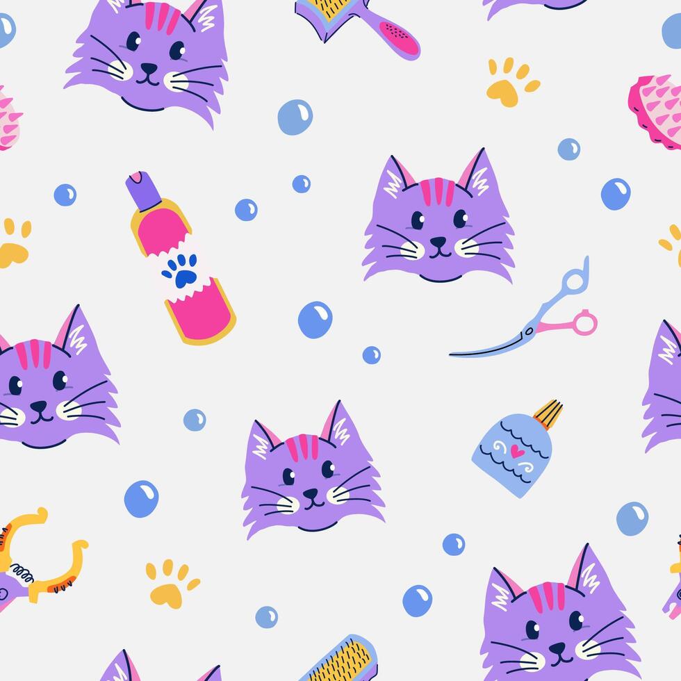 Seamless pattern with cute cat, shampoo, nail clippers, scissors. Pet grooming concept. Vibrant and modern vector background for social media, posts, prints