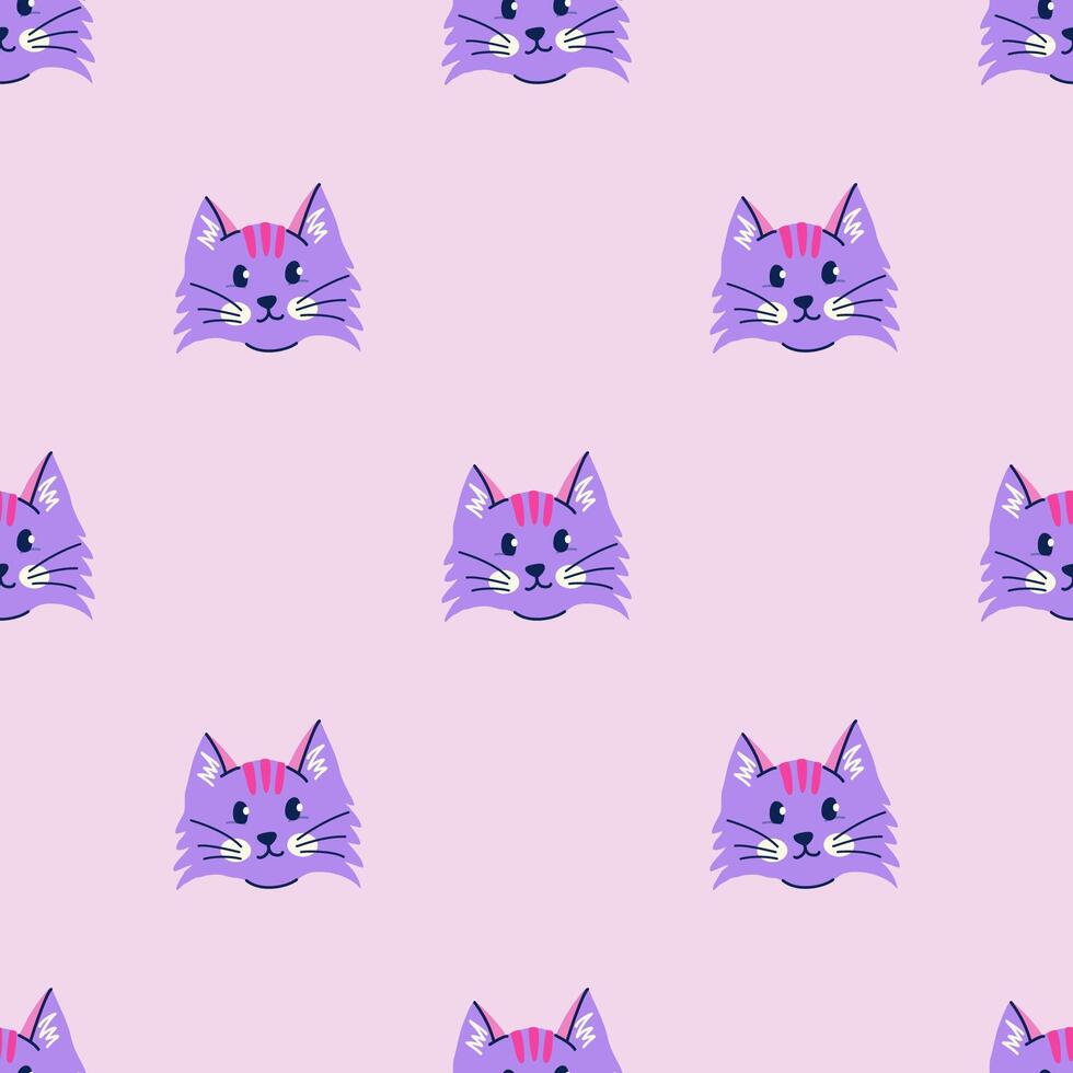 Simple seamless pattern with cat head on purple background. Hand drawn vector illustration for stylish cover, cases, wallpaper, prints, wrapping, textile