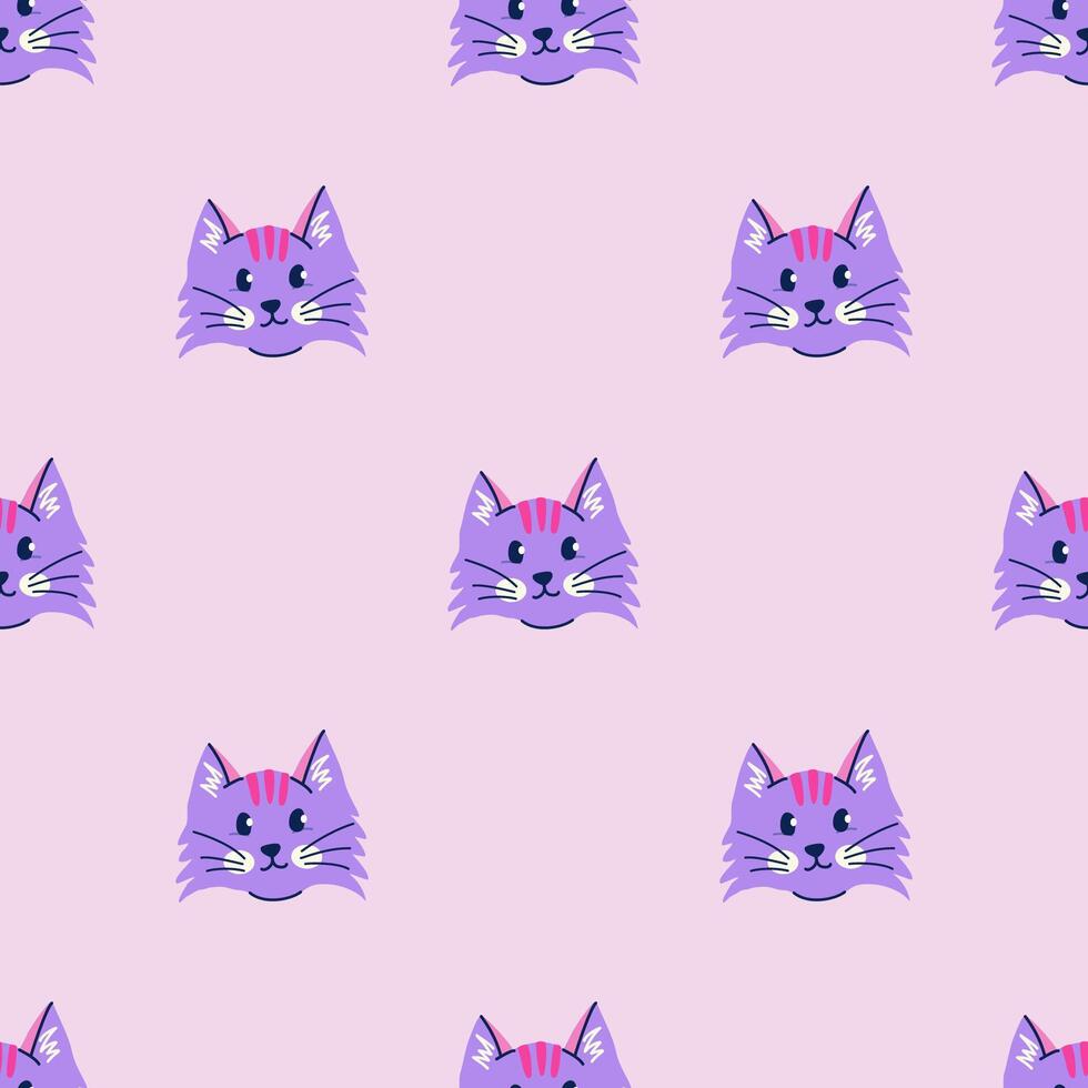 sencillo sin costura modelo con gato cabeza en púrpura antecedentes. mano dibujado vector ilustración para elegante cubrir, casos, fondo de pantalla, huellas dactilares, envase, textil