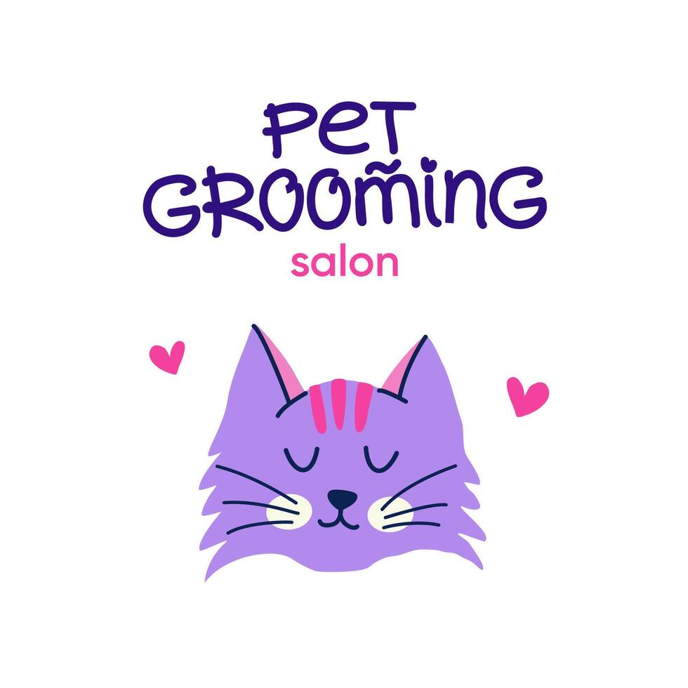 Pet grooming. Cute purple cat in flat cartoon style. Vector logo design with handwritten typography for branding, banner, poster, postcard