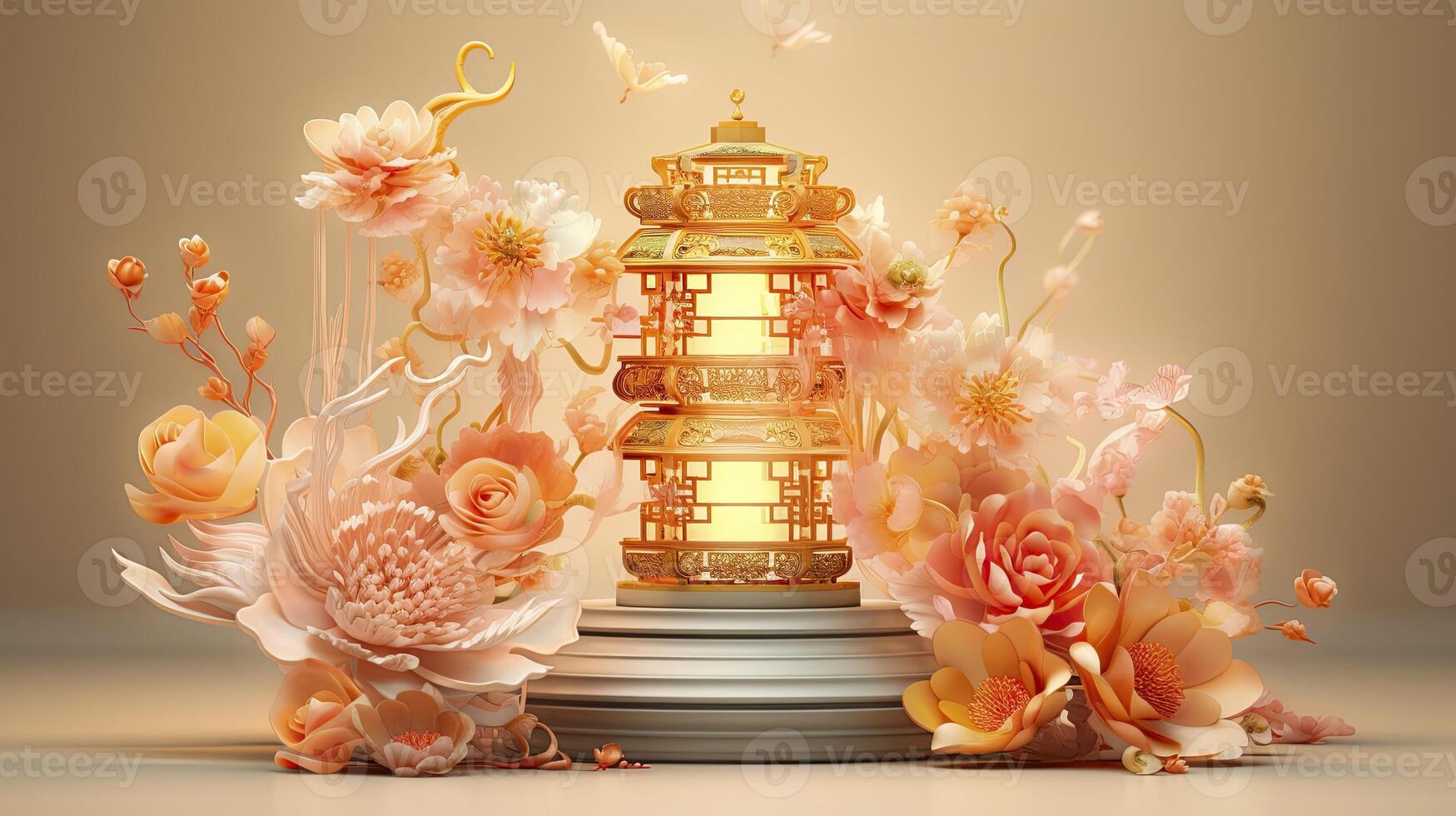AI generated Happy chinese new year the dragon zodiac sign with flower, lantern, chinese elements. made from resine luxury style. 3d render. photo