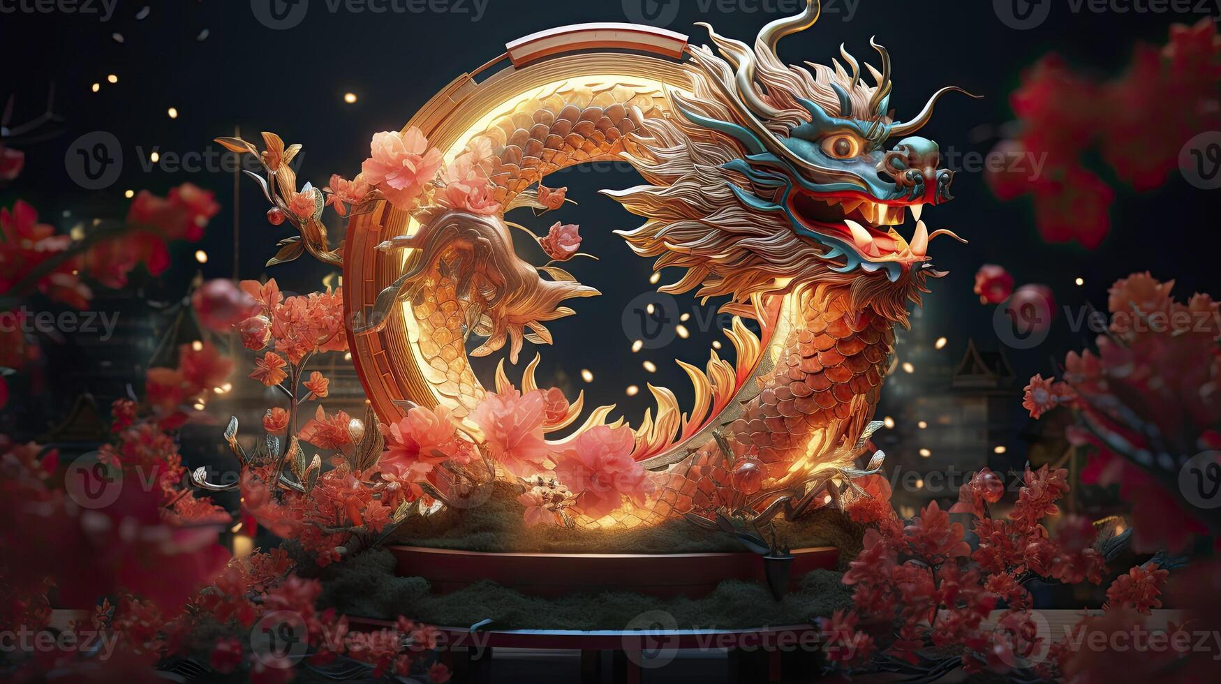 AI generated Happy chinese new year the dragon zodiac sign with flower, lantern, chinese elements on color background. made from resine luxury style. 3d render, transparent resine. photo