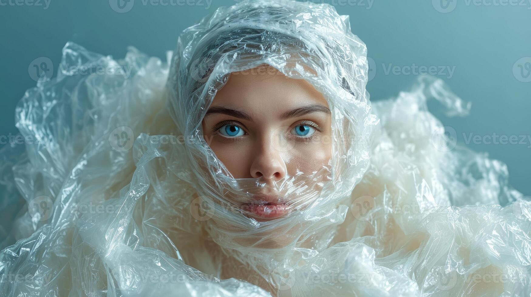 AI generated Surrealism illustration of a woman wrapped in plastic. Limitations of Expression. Loss of Identity or Equality. The Symbolism of Clarity and Obscurity photo