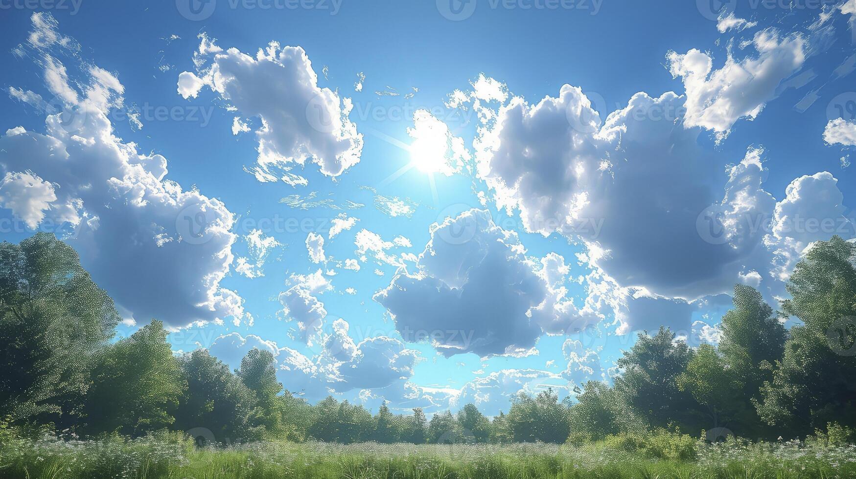 AI generated a clear blue sky scene with a trail of wispy Cirrus clouds and fine grains. photo