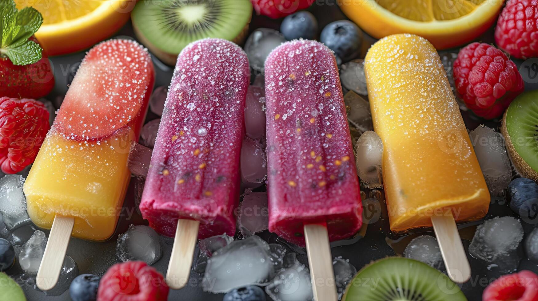 AI generated Fresh fruit popsicles on a white table. fruit popsicles, kiwi, strawberry, orange. Sweet desert background. photo