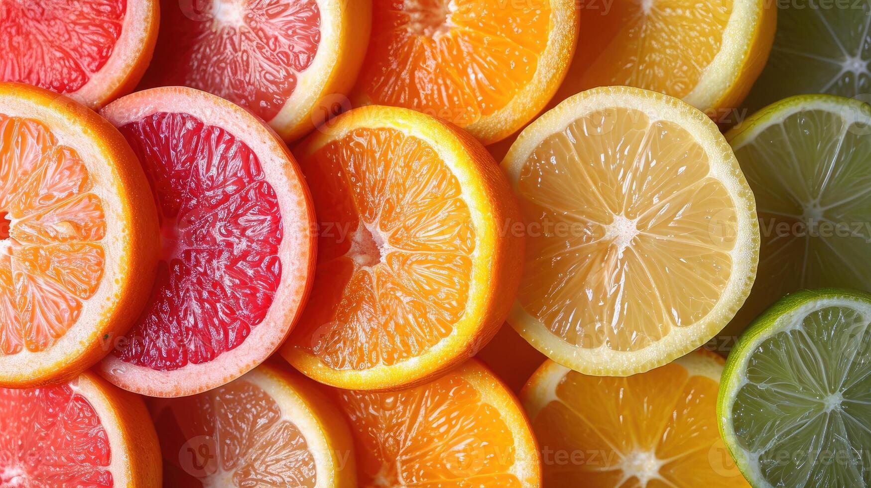 AI generated An elegant background with slices of various citrus fruits like oranges, lemons, and limes arranged artistically for a freshness. photo