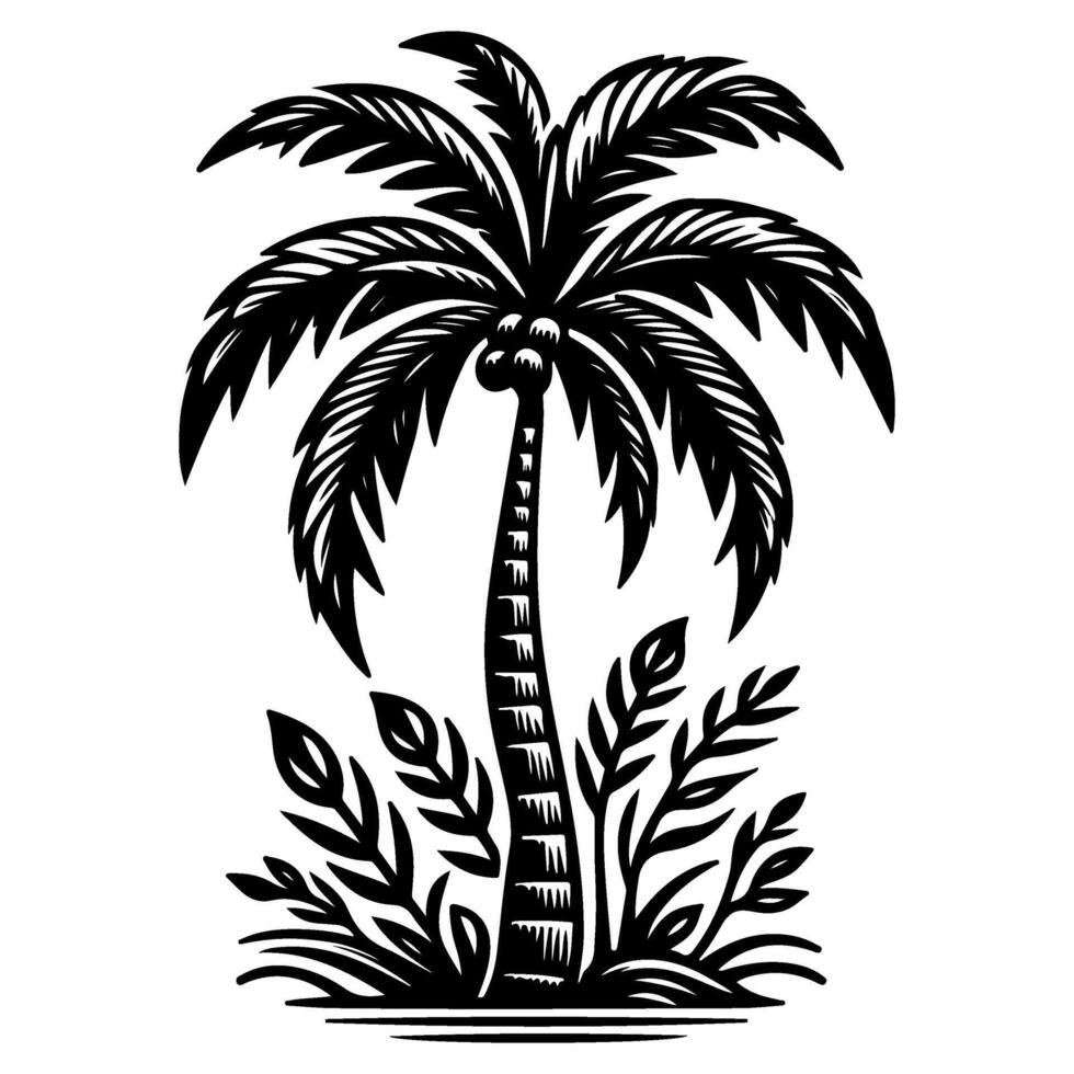 Palm or coconut Tropical tree silhouette, hand drawing black line doodle sketch style vector illustration