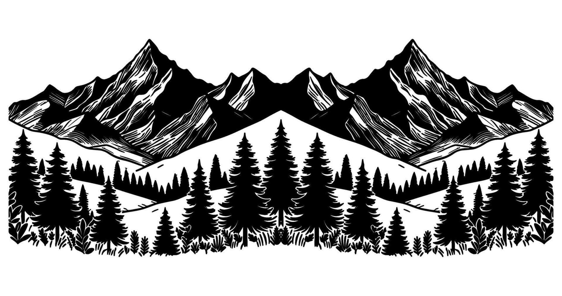 Panorama silhouette mountain with forest pine trees landscape black line Sketch art Hand drawn style vector illustration