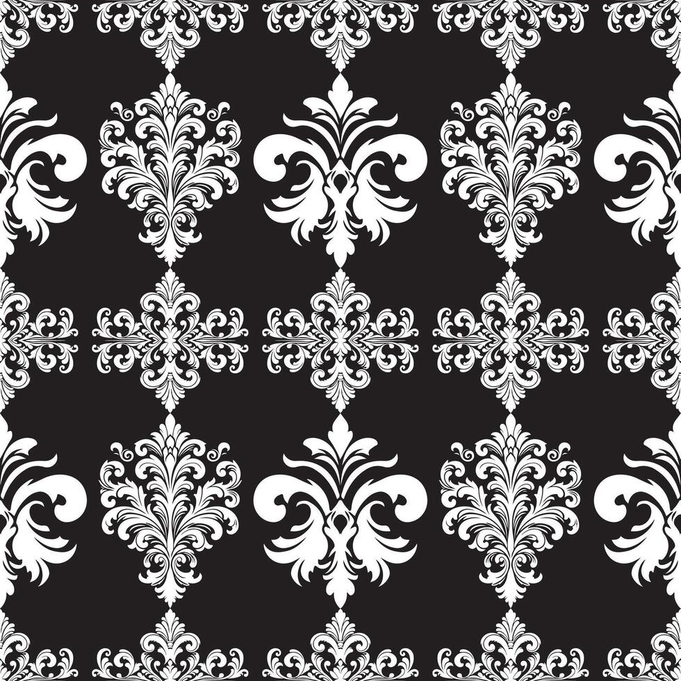 damasco tela textil sin costura modelo lujo decorativo ornamental blanco elemento en negro antecedentes. cuadrado estilo. cortina, alfombra, fondo de pantalla, teja, envase, textil vector