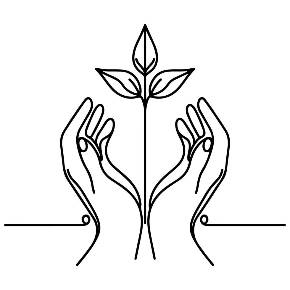 Continuous one black line art tree sprout growing from hands. Earth planet protection concept day hand sketch drawing doodle style vector