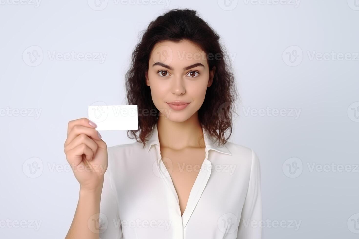 ai generado sonriente niña entrega un blanco negocio tarjeta terminado blanco antecedentes foto