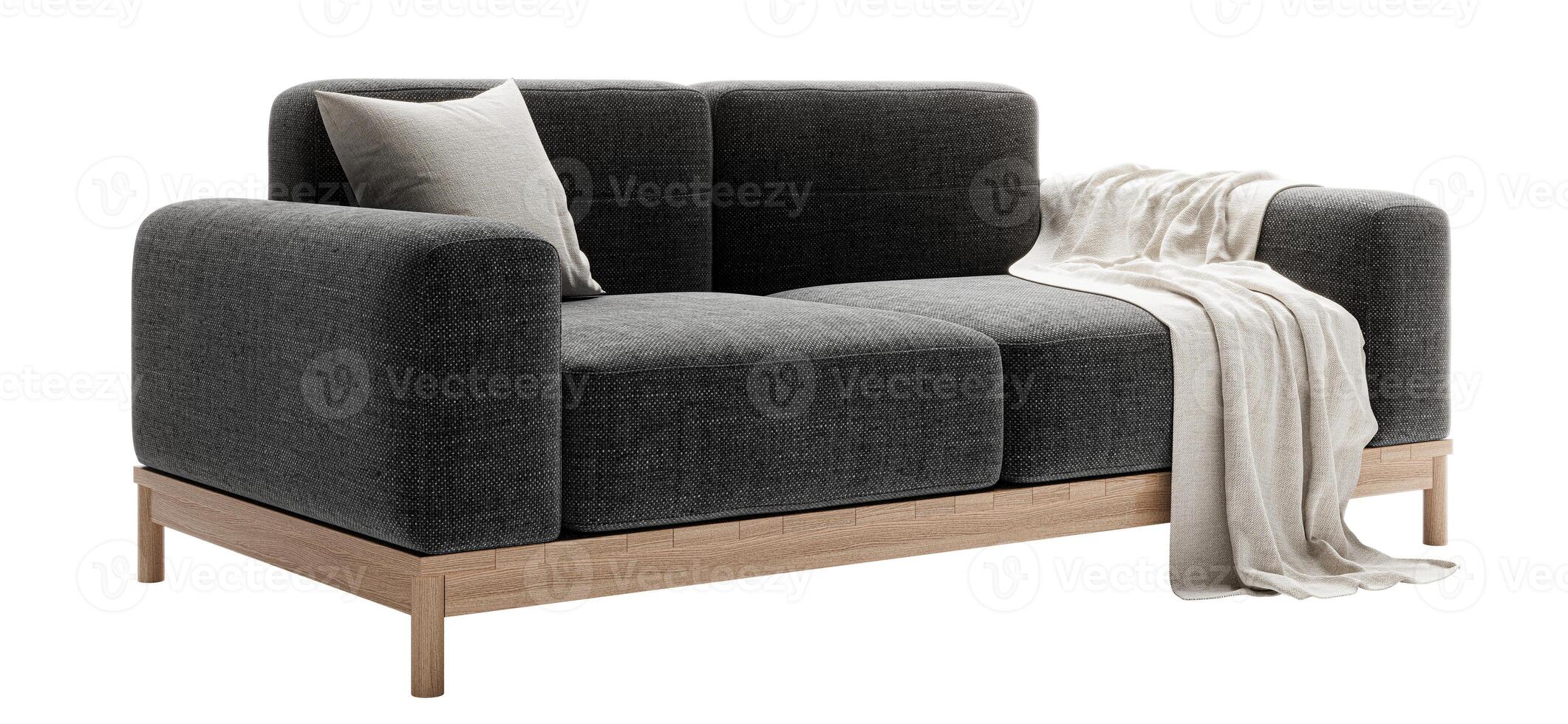 Modern and Comfortable grey sofa with cushion and blanket isolated on white background. Furniture for living room interior. Design Element. photo