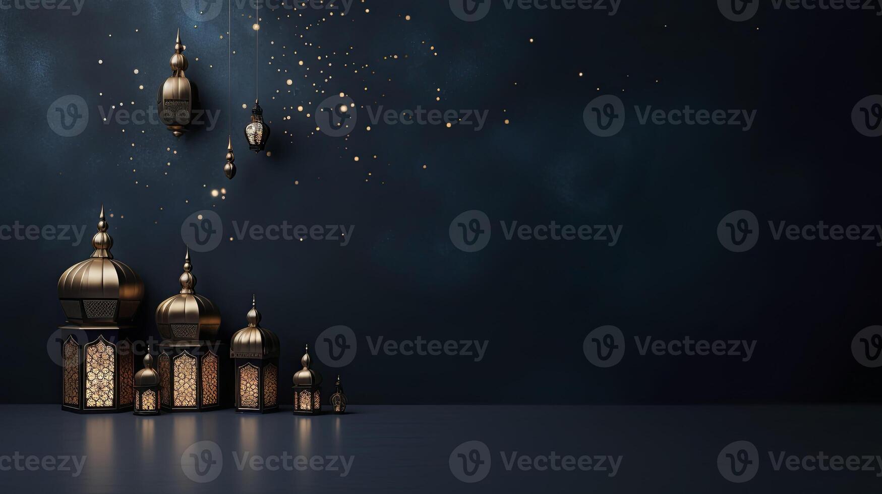 AI generated Ramadan background, free space, Art Deco, dark blue background photo
