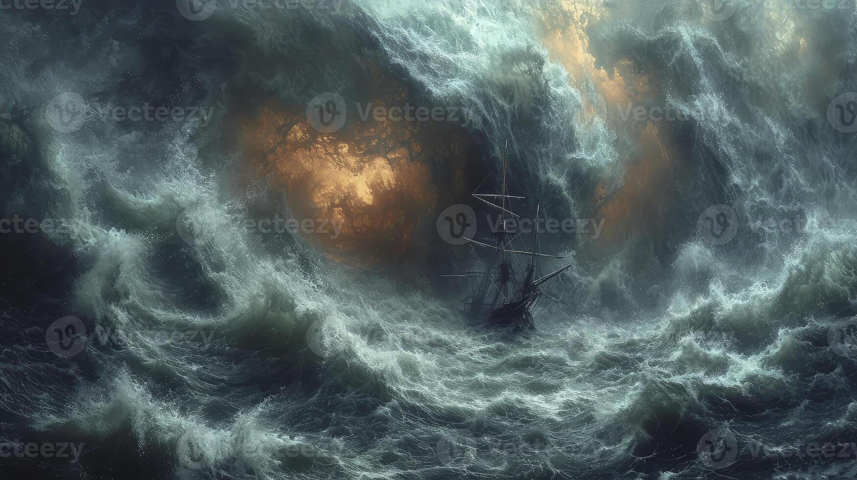 AI generated a tornado storm at sea with a ship bobbing amidst huge waves. photo
