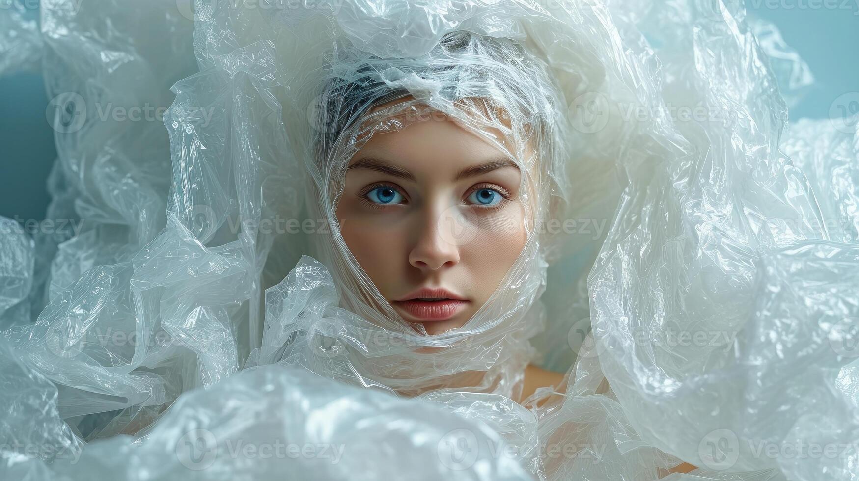 AI generated Surrealism illustration of a woman wrapped in plastic. Limitations of Expression. Loss of Identity or Equality. The Symbolism of Clarity and Obscurity photo