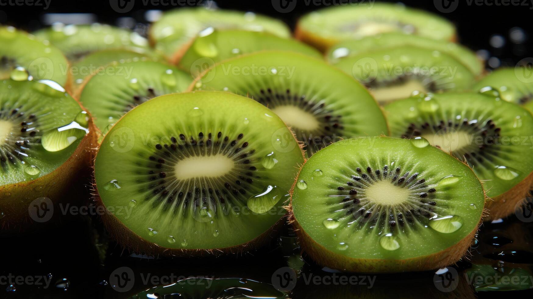 AI generated Exotic Kiwi background. Exotic appeal of perfectly round kiwi slices. photo