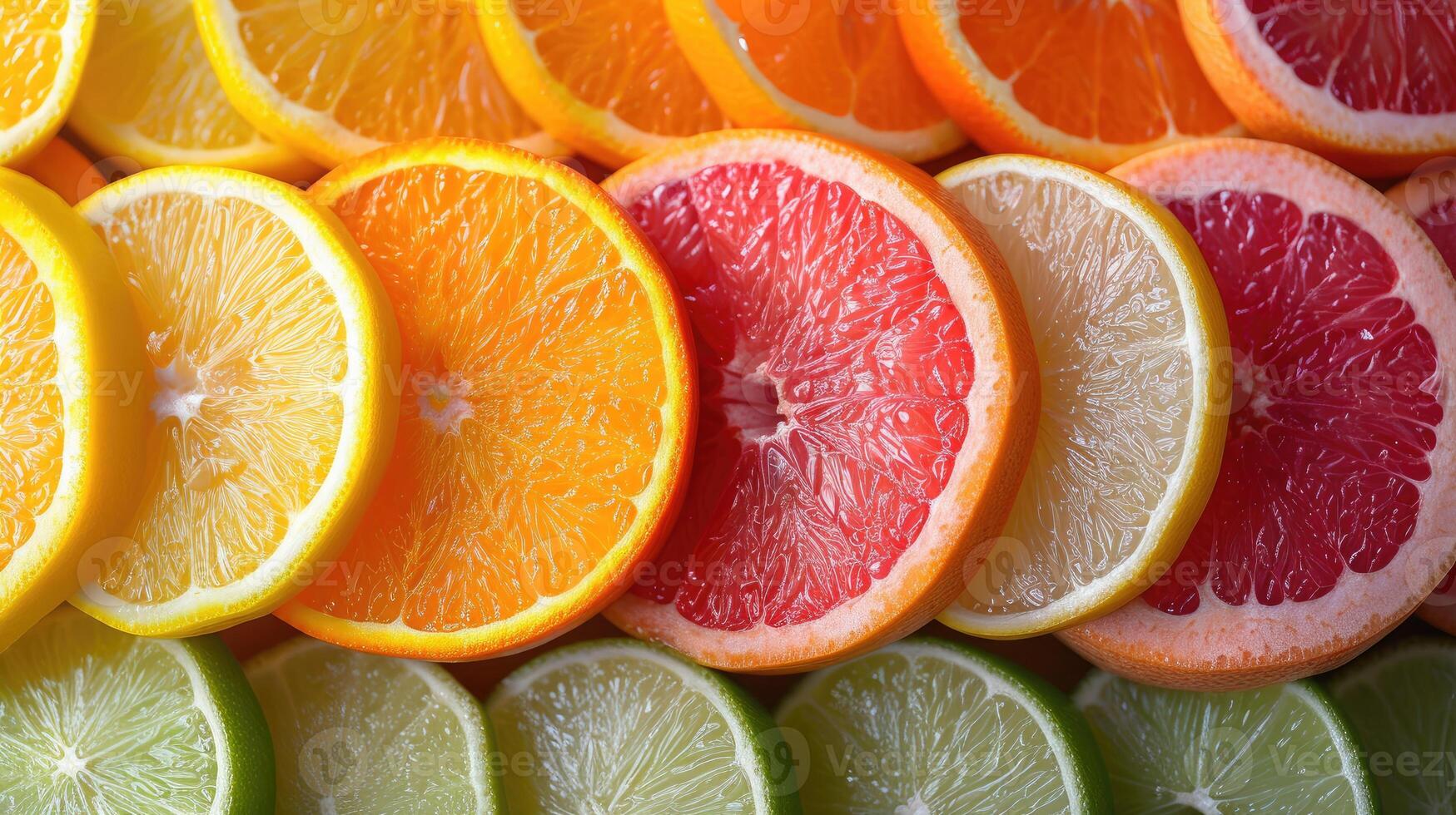 AI generated An elegant background with slices of various citrus fruits like oranges, lemons, and limes arranged artistically for a freshness. photo