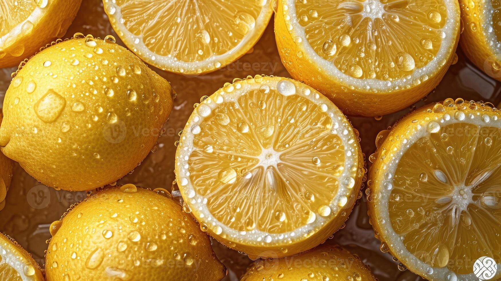 AI generated Pile of lemon slices with fresh water drops. photo