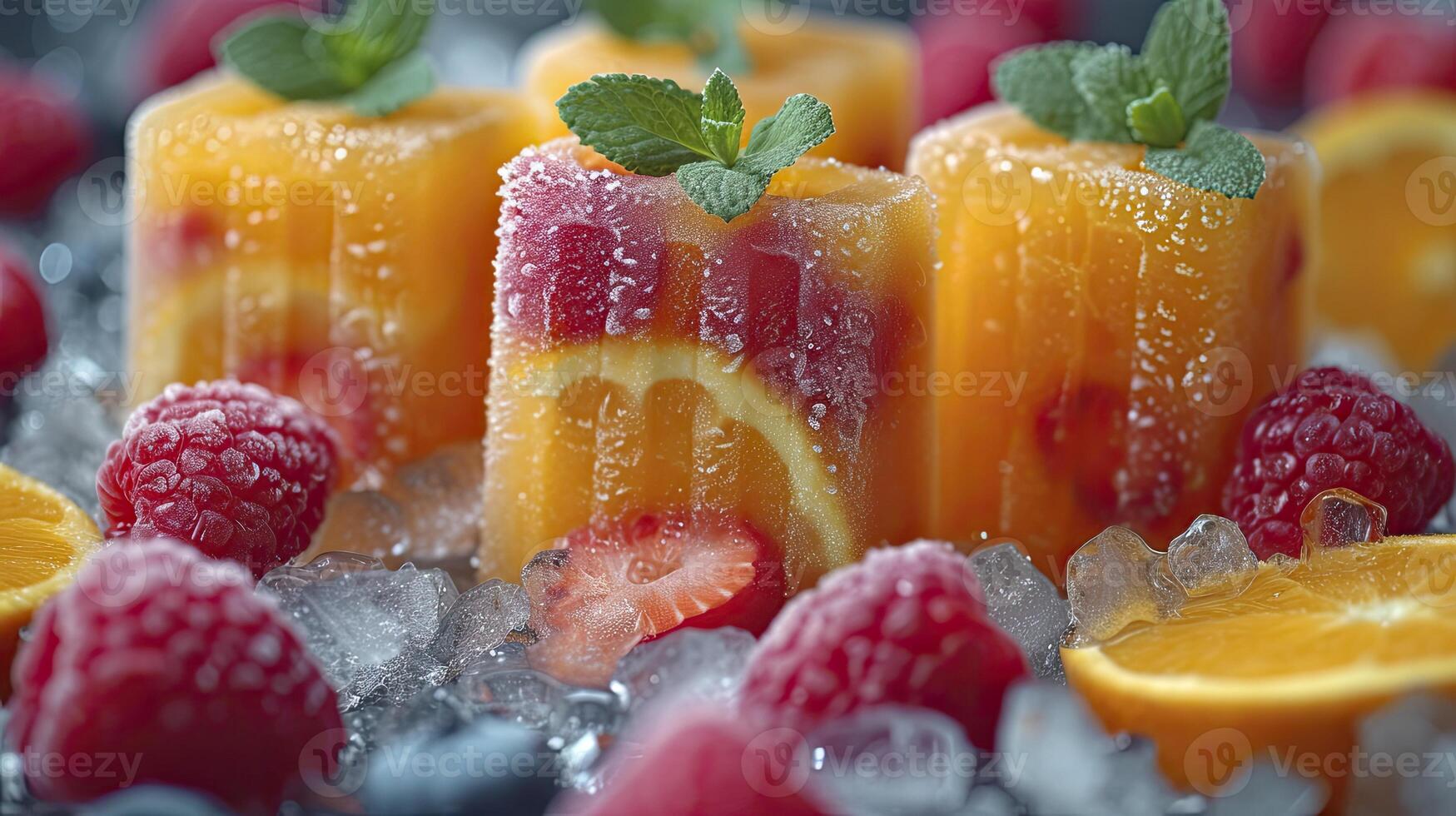 AI generated Fresh fruit popsicles on a white table. fruit popsicles, kiwi, strawberry, orange. Sweet desert background. photo