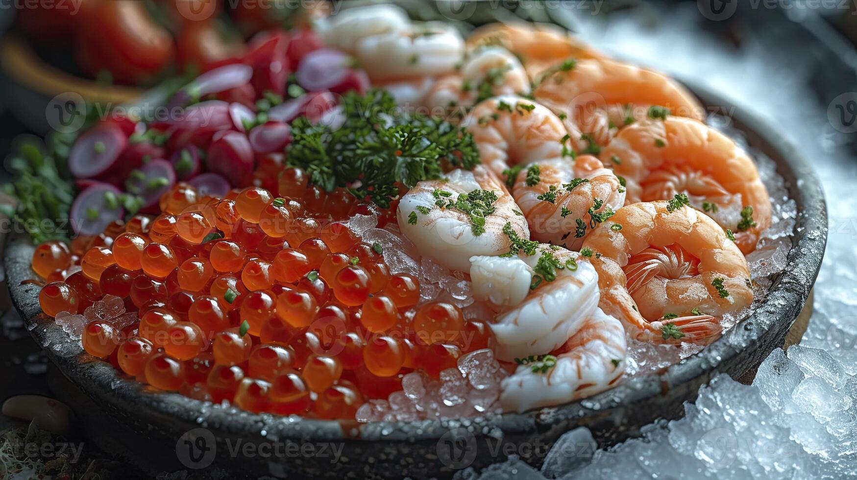 AI generated Various frozen seafood, shrimp, fish eggs, crab, photographed close up. photo