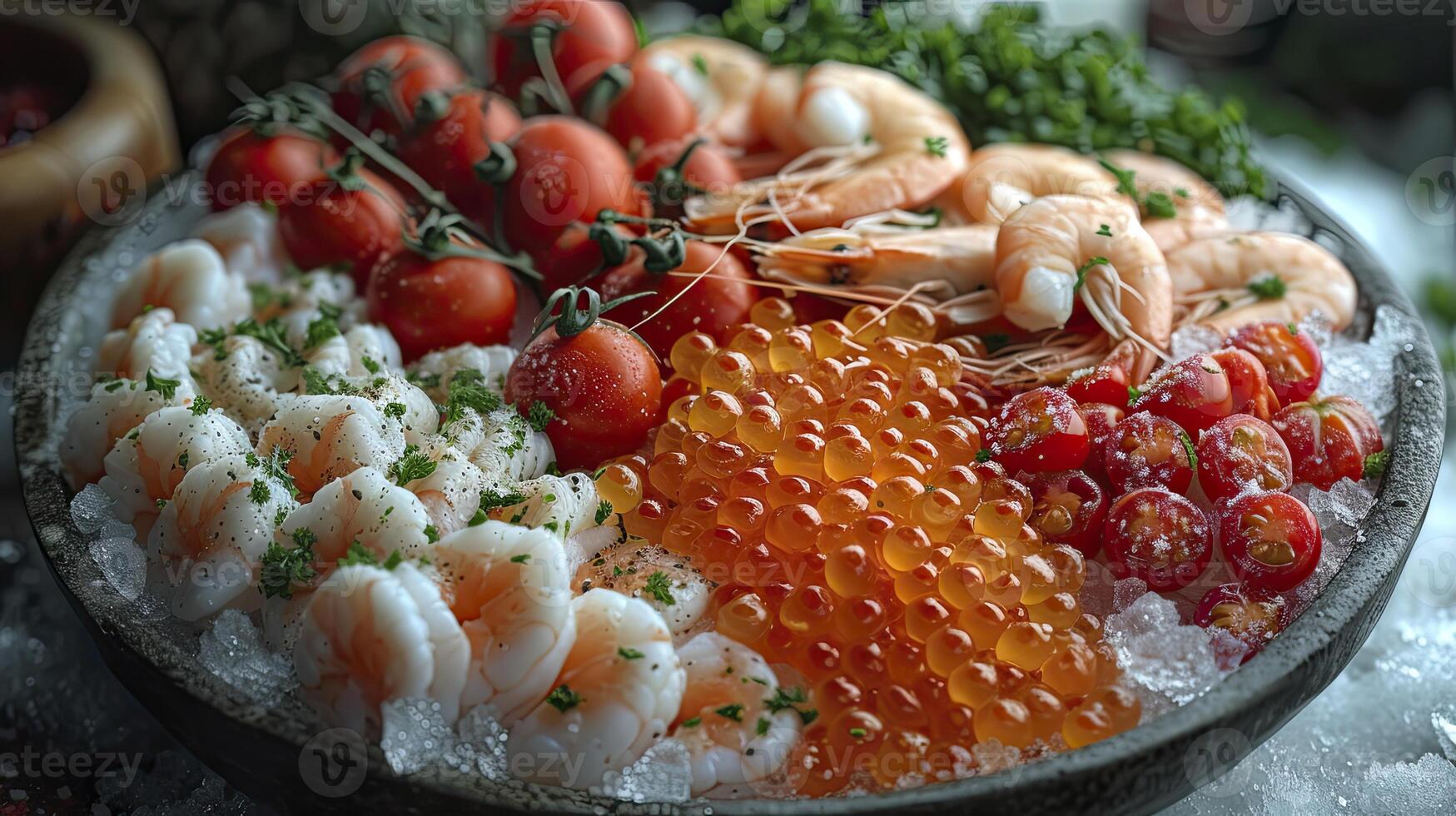 AI generated Various frozen seafood, shrimp, fish eggs, crab, photographed close up. photo