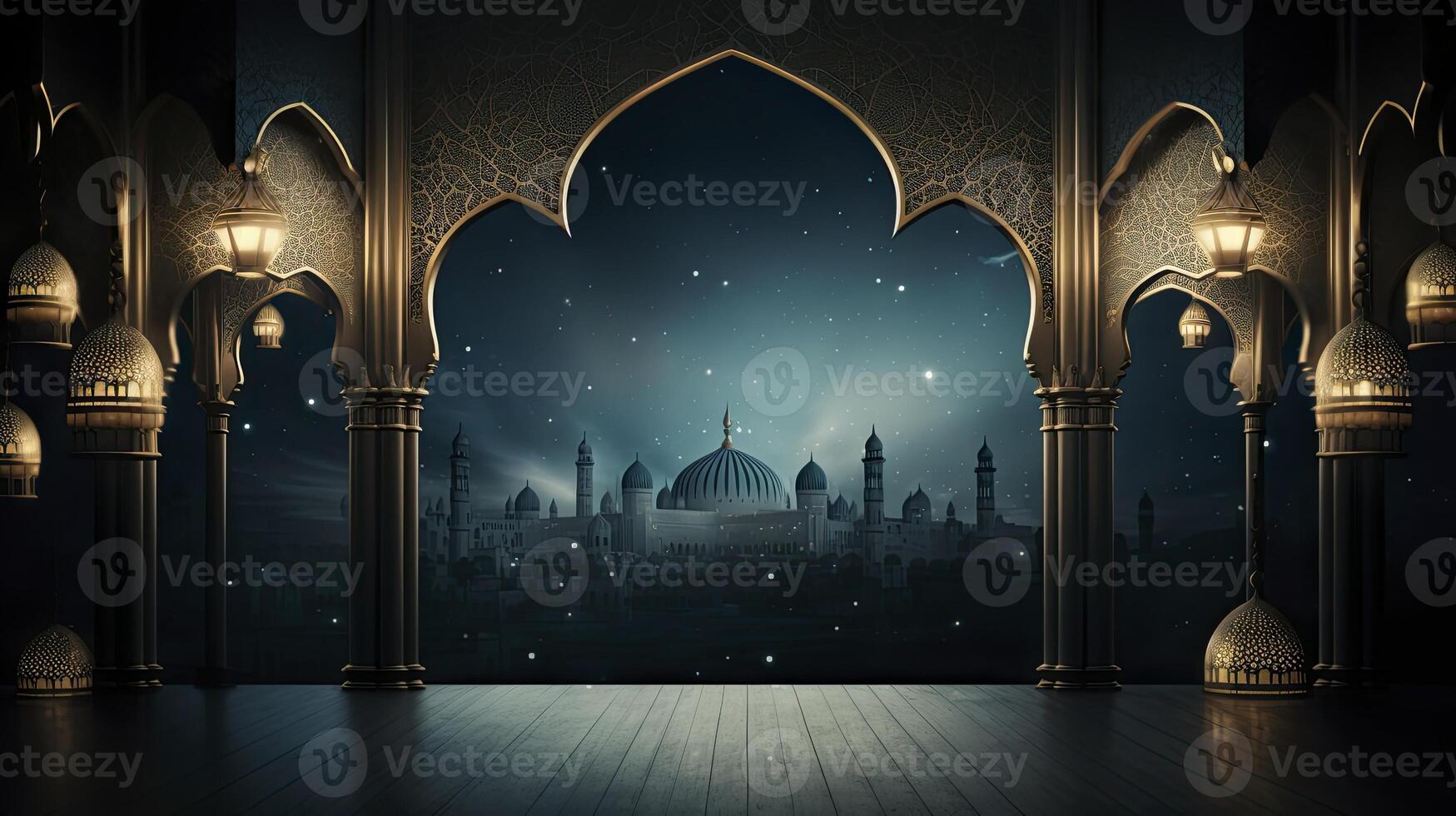 AI generated Ramadan background, free space, Art Deco, dark blue background photo