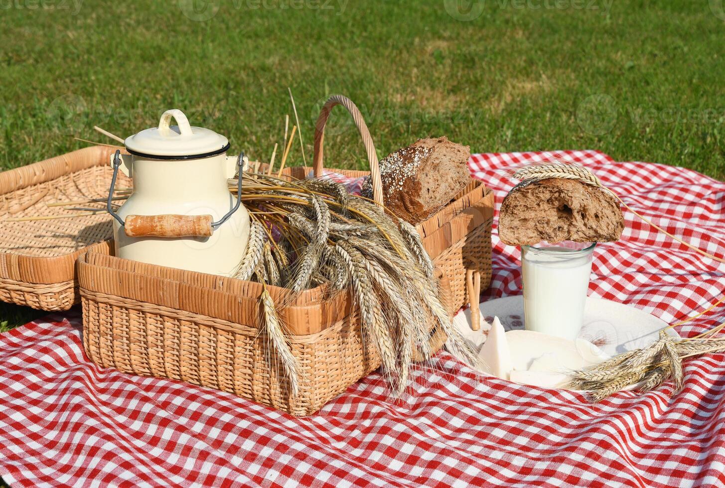 picnic with fresh bread and milk on a red checkered bedspread on a green lawn photo