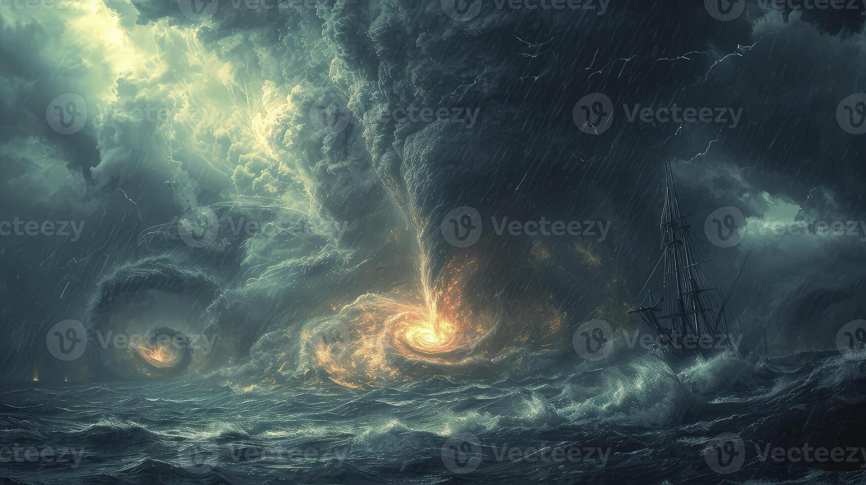 AI generated a tornado storm in the middle of the open ocean, with tornadoes appearing over the water. hypermaximalist, photo