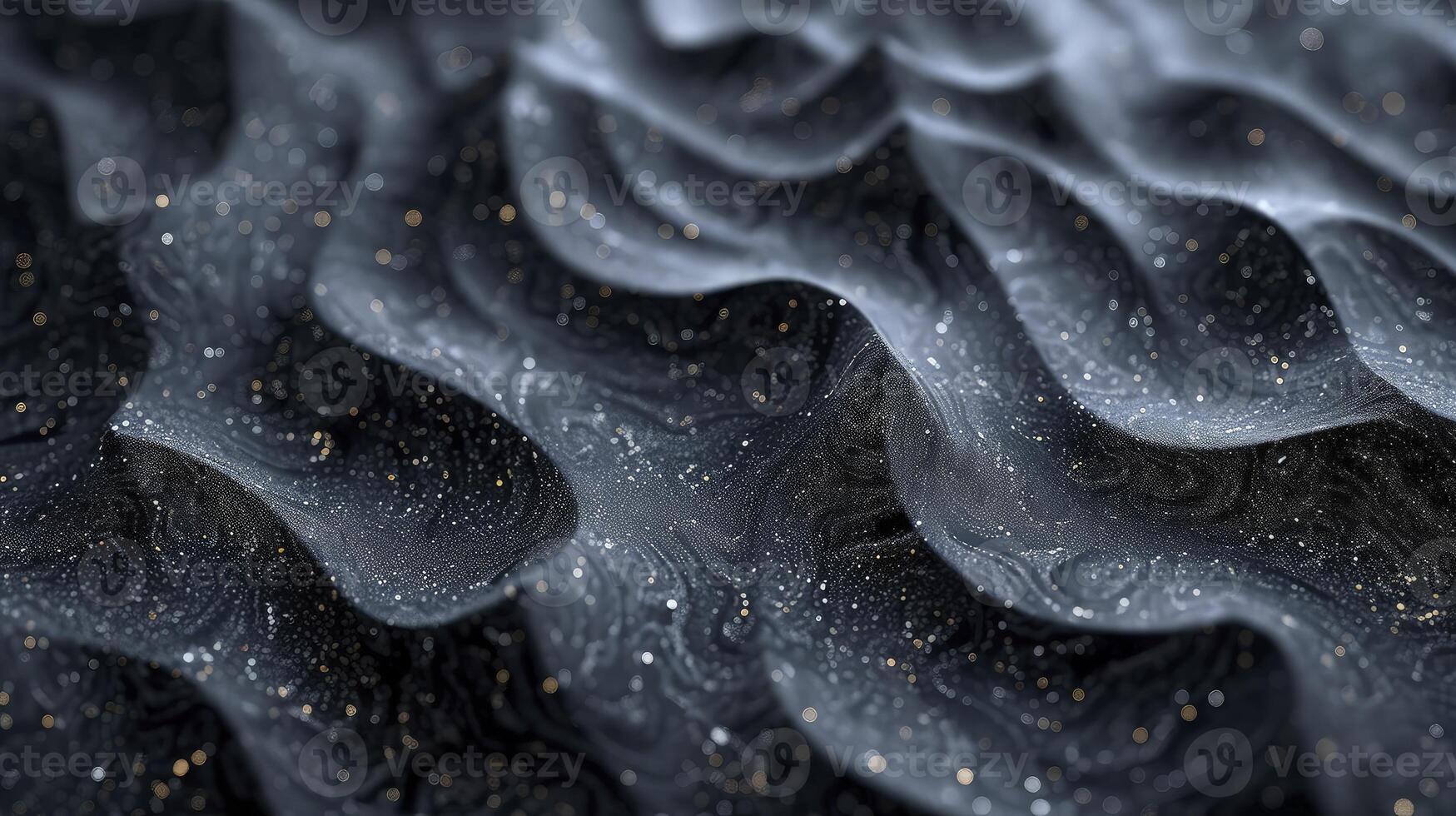 AI generated Black shiny grainy noise background texture, random liquid waves. medium contrast, low lighting but the colors are nice. top view. photo