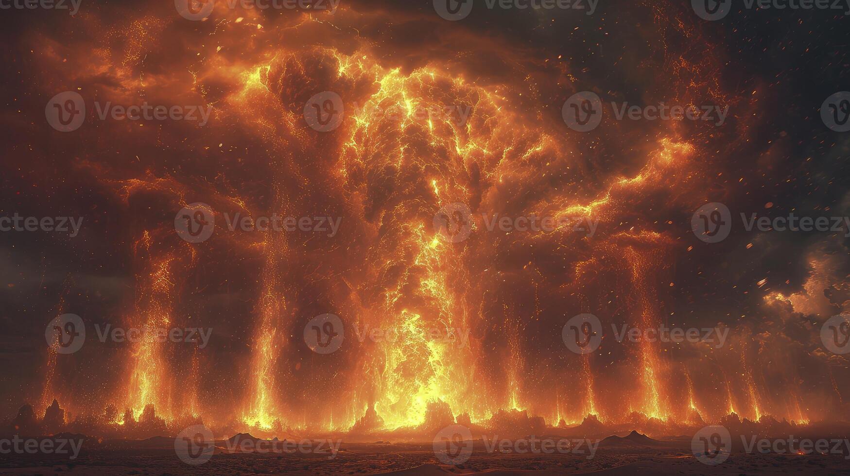 AI generated a dramatic atmosphere with sand tornadoes in the desert at night, illuminated by fiery lightning bolts. photo