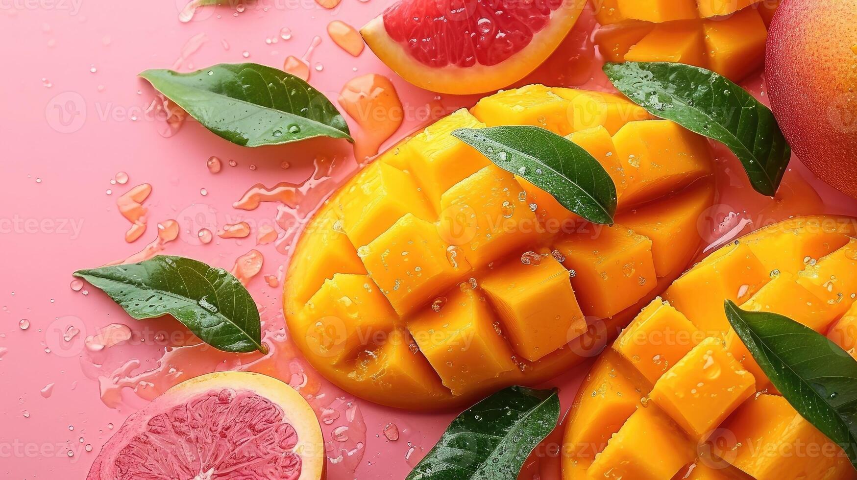 AI generated a fresh background with cuts of vibrant mango, a creative layout to highlight the fruit's softness and flavor. photo