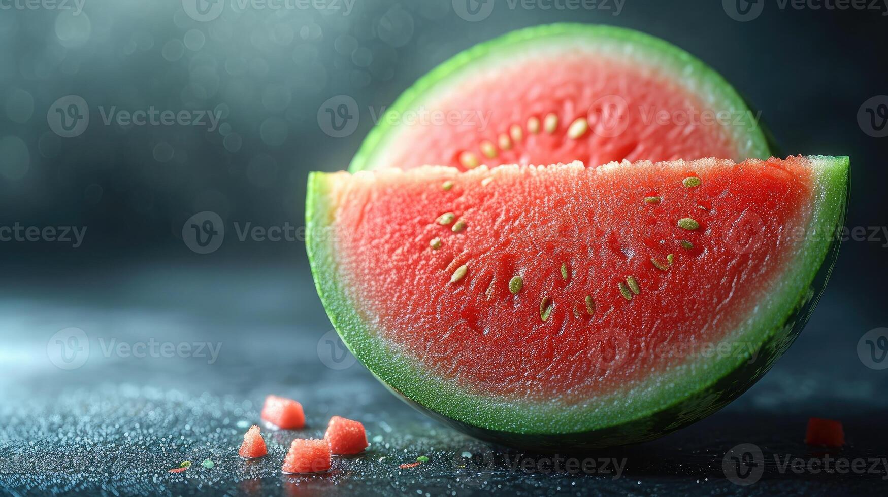 AI generated Slices watermelon with vibrant red and green hues, shot from an overhead perspective. photo