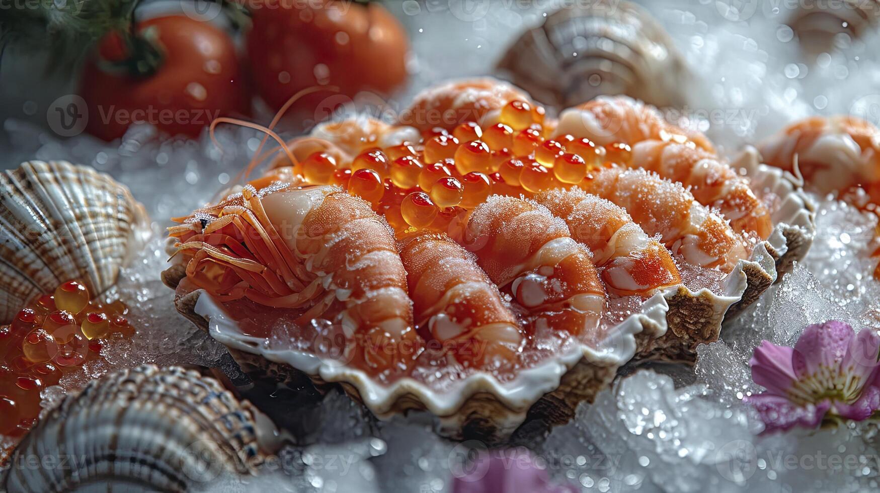 AI generated Various frozen seafood, shrimp, fish eggs, crab, photographed close up. photo