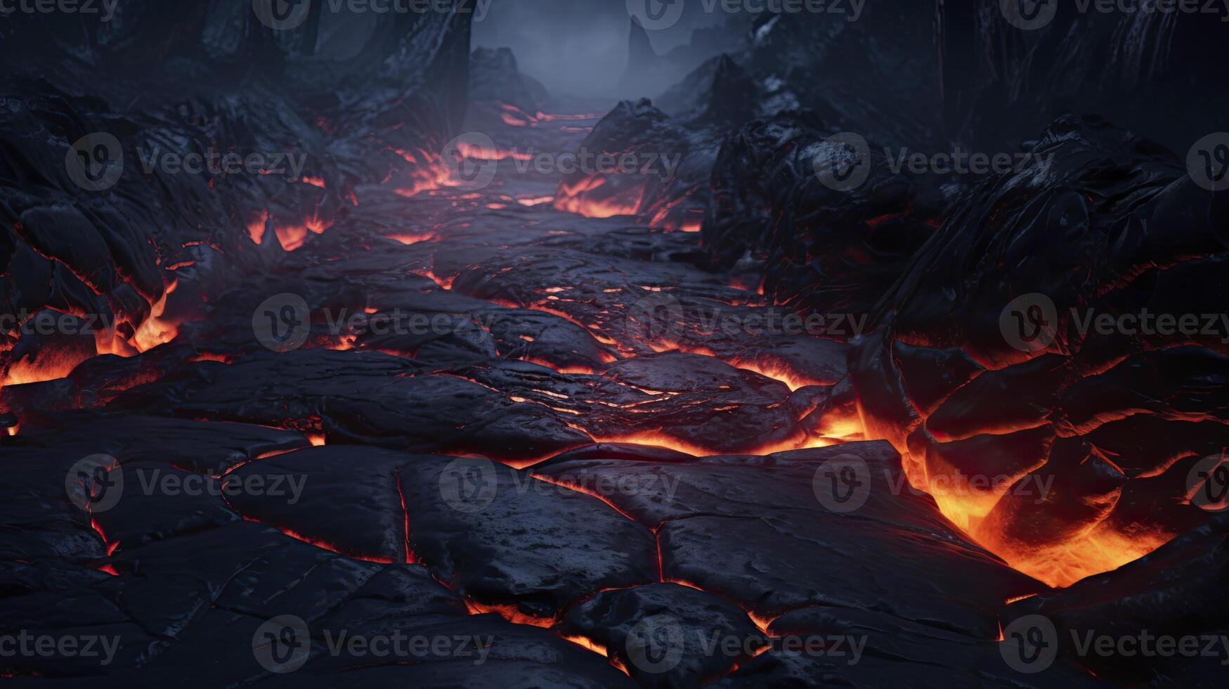 AI generated Dry black lava, there is liquid lava flowing between the many cracks. tense atmosphere in the dark. there was a thin layer of smoke in between. 3D Render illustration photo