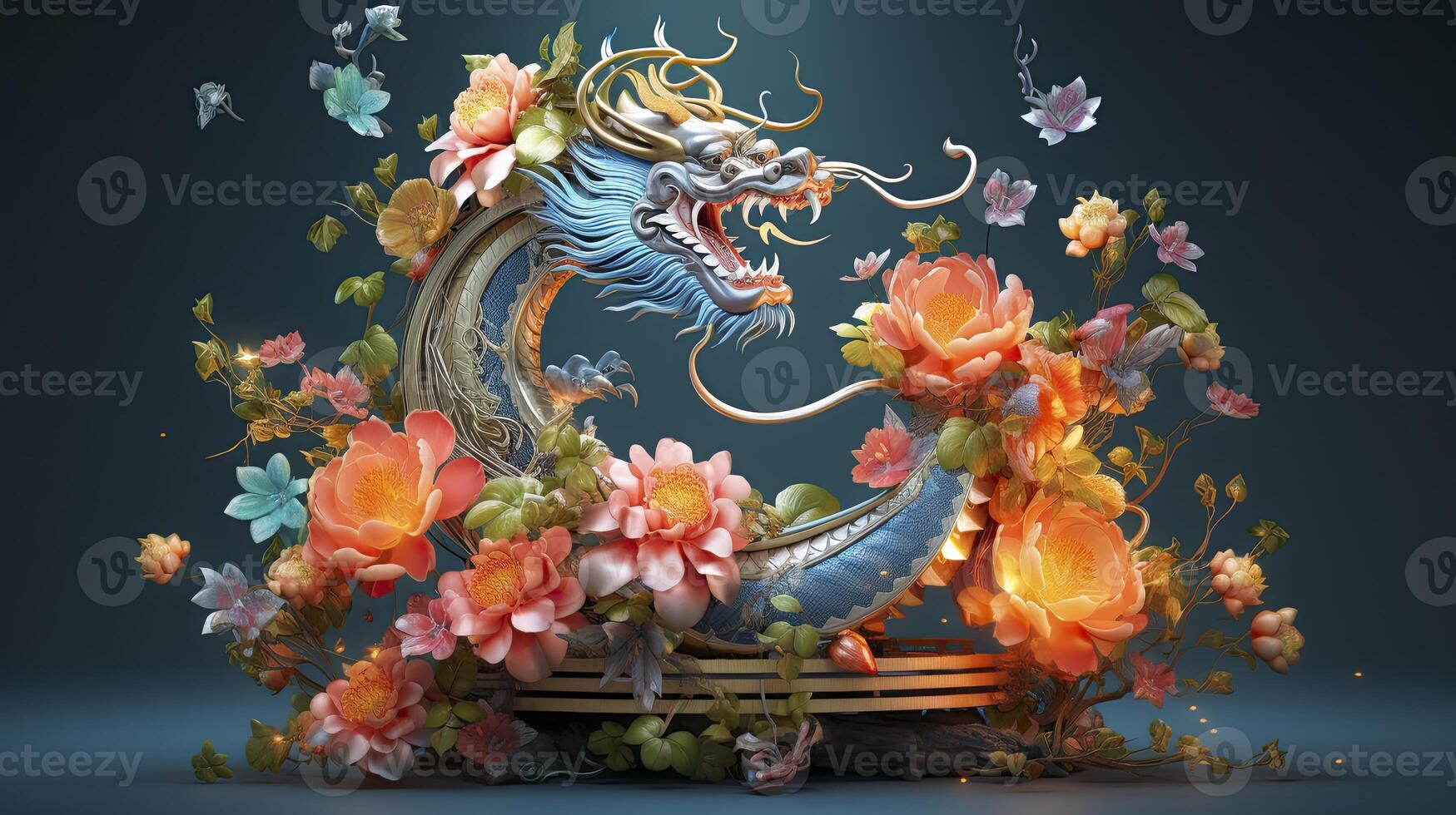 AI generated Happy chinese new year the dragon zodiac sign with flower, lantern, chinese elements on color background. made from resine luxury style. 3d render, transparent resine. photo