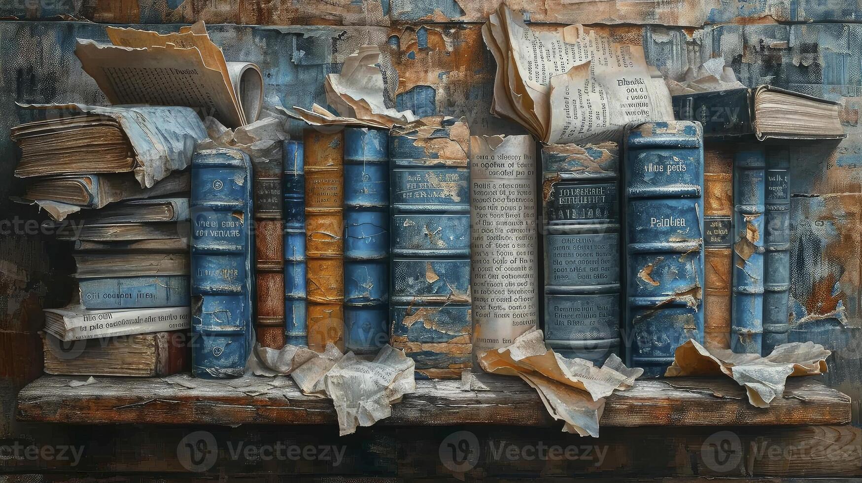AI generated Pile of old parchment paper and vintage texture background of old damaged books. photo