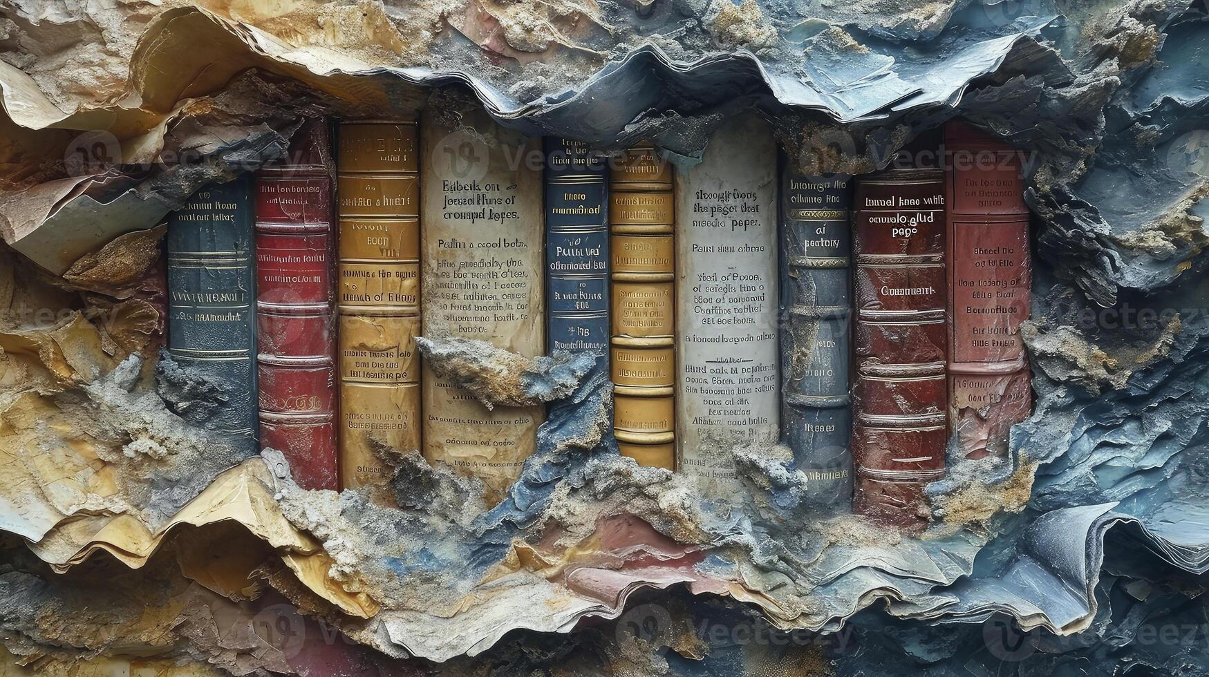 AI generated Pile of old parchment paper and vintage texture background of old damaged books. photo