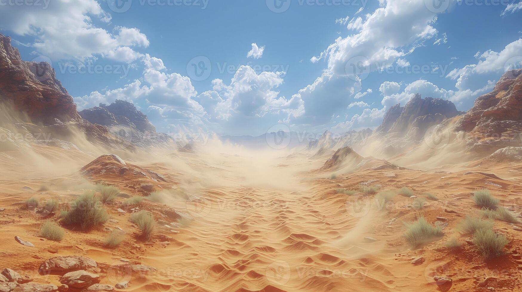 AI generated sand tornadoes in the desert surrounded by green oasis views. photo