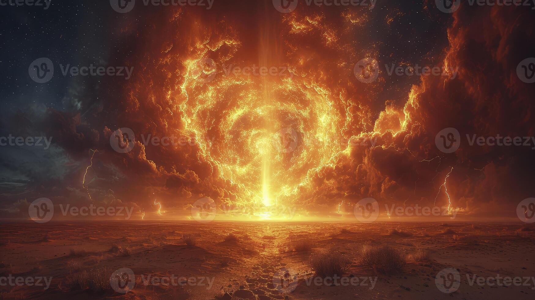 AI generated a dramatic atmosphere with sand tornadoes in the desert at night, illuminated by fiery lightning bolts. photo