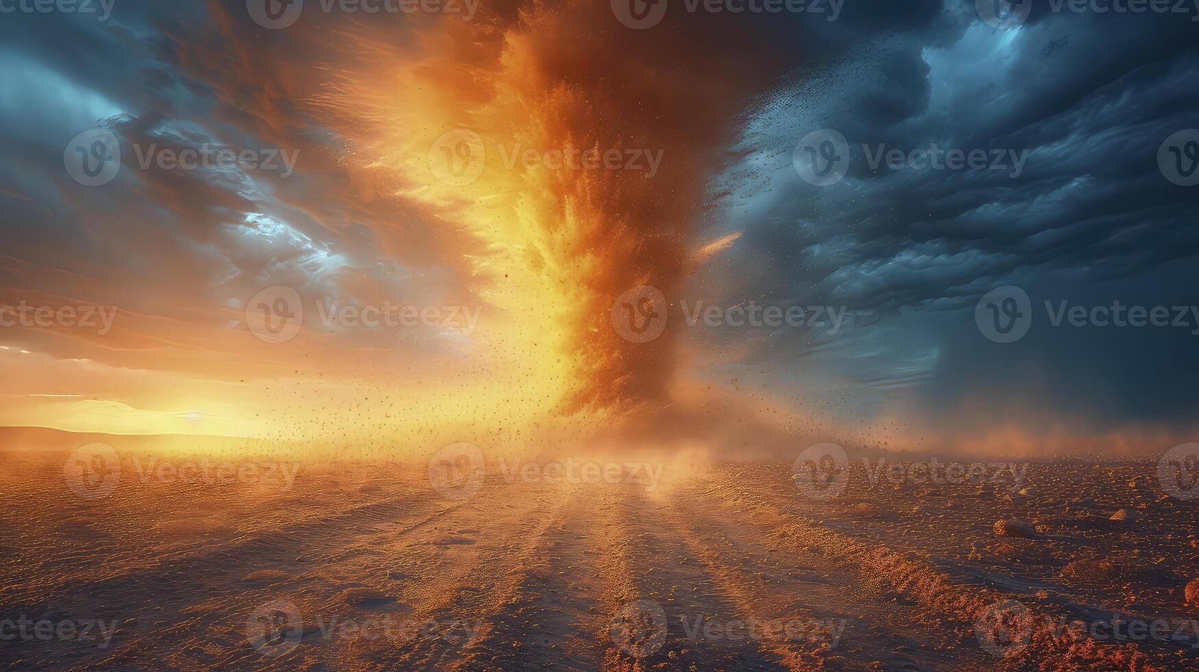 AI generated a sand tornado in the middle of a bright desert during the day, with sand passing through the air. photo