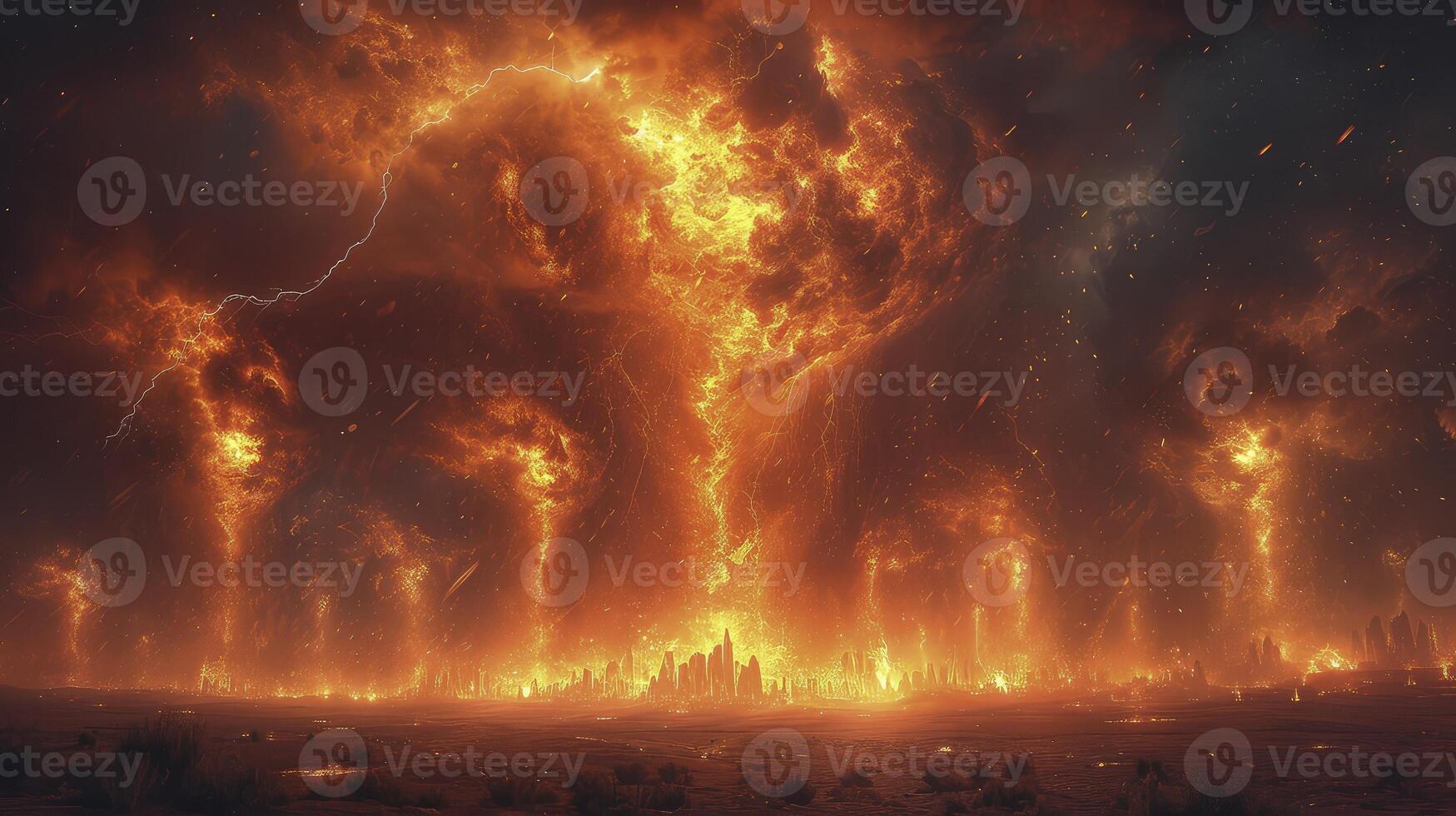 AI generated a dramatic atmosphere with sand tornadoes in the desert at night, illuminated by fiery lightning bolts. photo