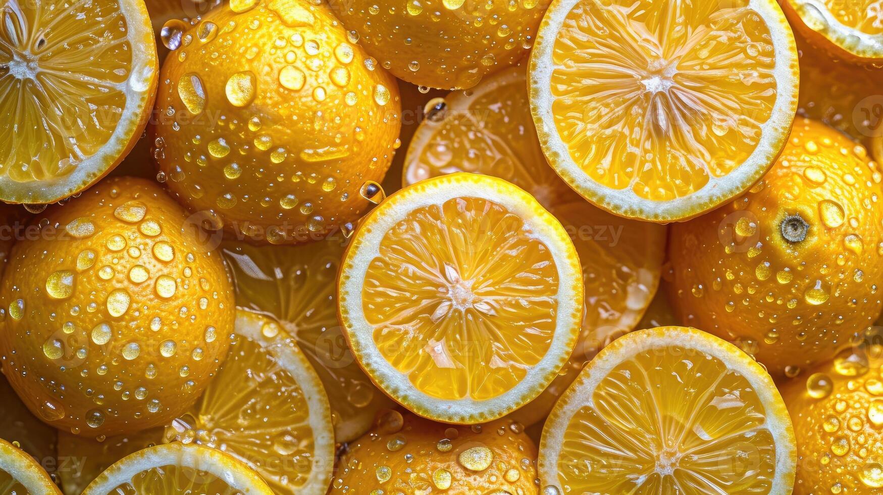 AI generated Pile of lemon slices with fresh water drops. photo