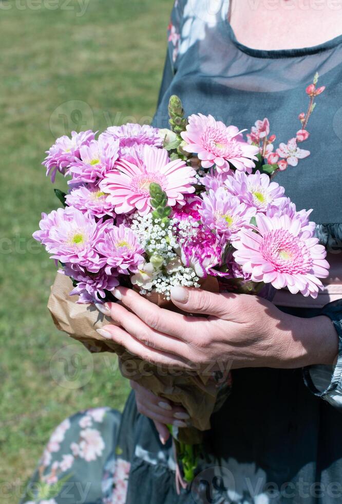 middle-aged woman with a bouquet of pink gerberas a gift for mother's day,spring photo