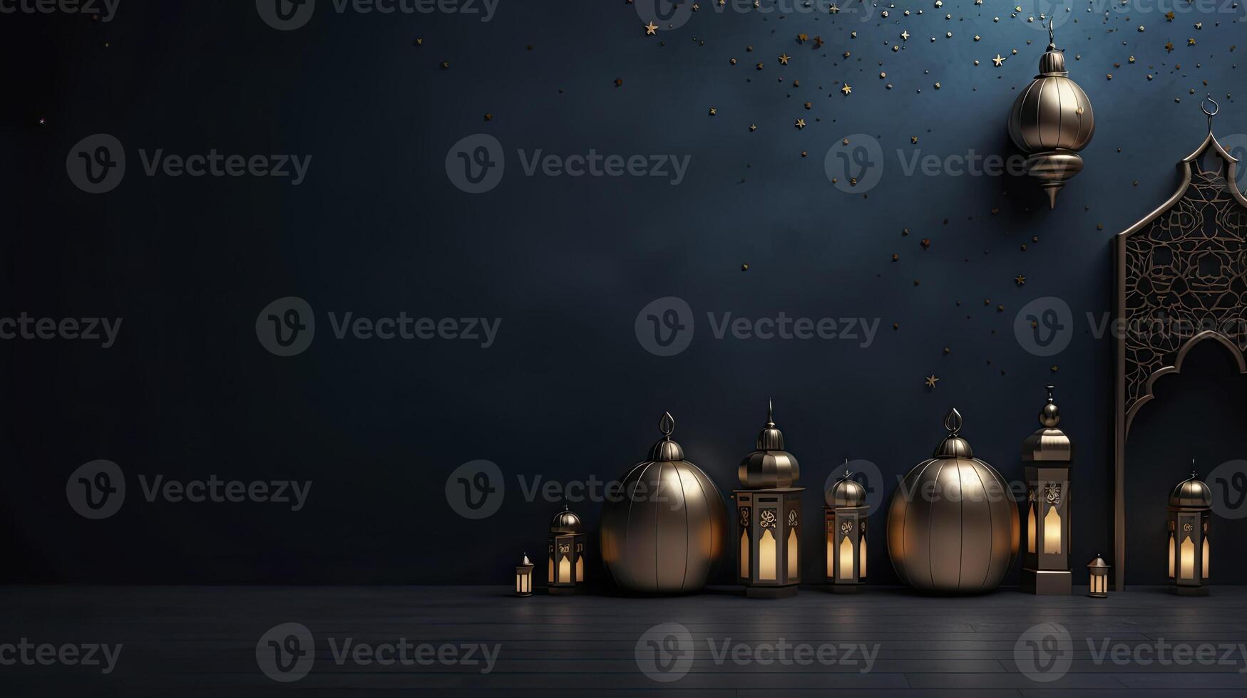 AI generated Ramadan background, free space, Art Deco, dark blue background photo