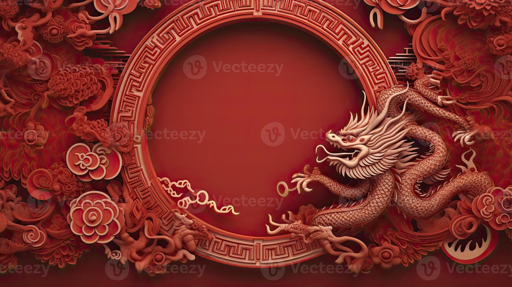 AI generated Chinese New Year theme plain background with dragon sign, typical Chinese frames on each side. luxury style of paper cut art. photo